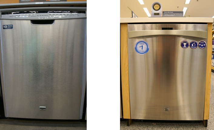 A stainless steel dishwasher that has an exposed control panel vs. a concealed one.