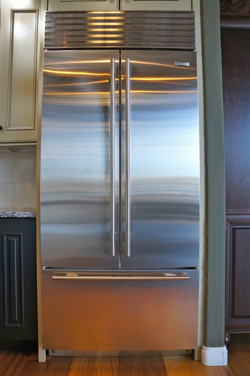 The refrigerator is available in a Stainless Steel finish or it can be fitted with a custom panel overlay.
