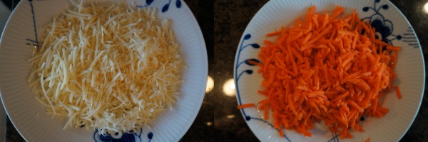 Finely grated parmesan and medium carrots shreds.